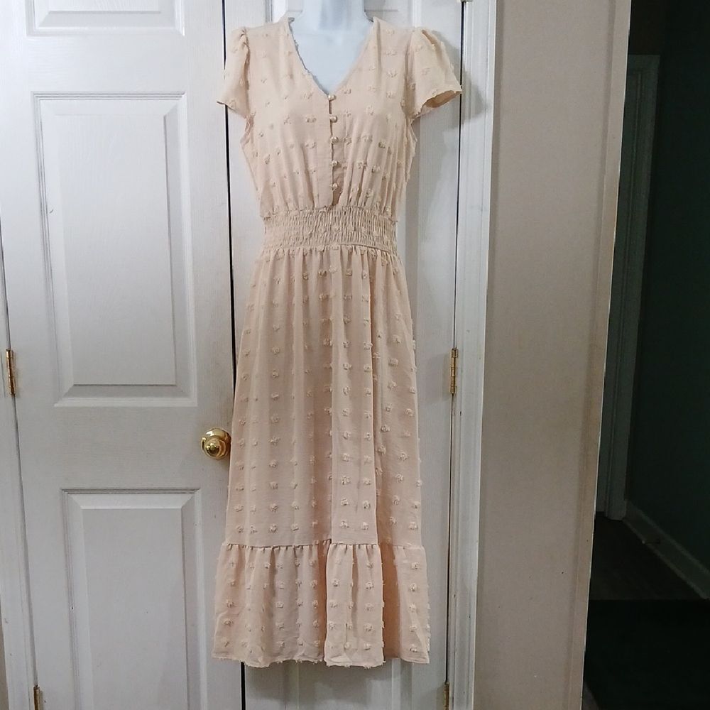 Fashion lt tan ivory short sleeve prairie look elastic waist boho dress Sz S NWT
